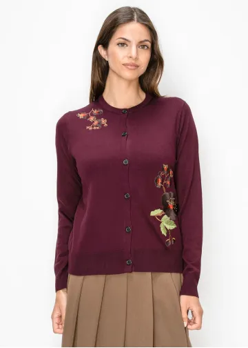 Embroidered Crew Neck Cardigan in Burgundy