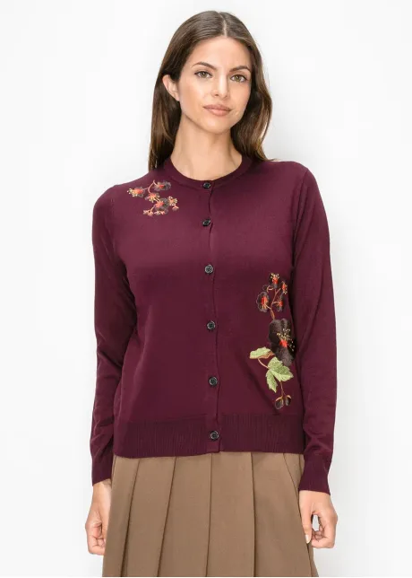 Embroidered Crew Neck Cardigan in Burgundy