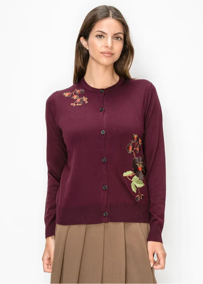 Embroidered Crew Neck Cardigan in Burgundy