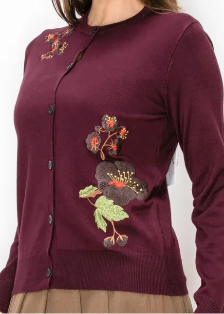 Embroidered Crew Neck Cardigan in Burgundy