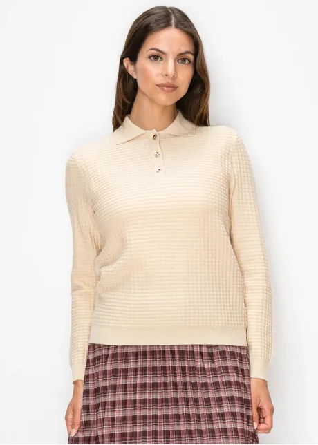 Beige Polo Sweater with Waffle Knit Texture