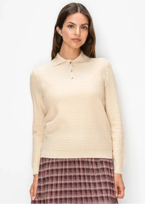 Beige Polo Sweater with Waffle Knit Texture