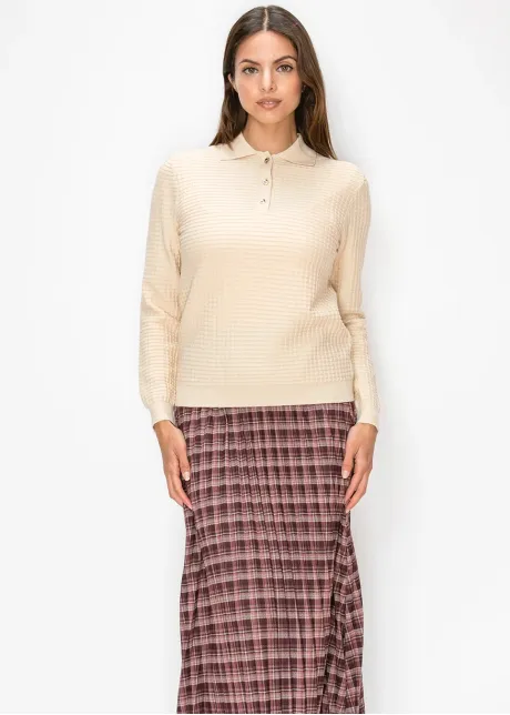 Beige Polo Sweater with Waffle Knit Texture
