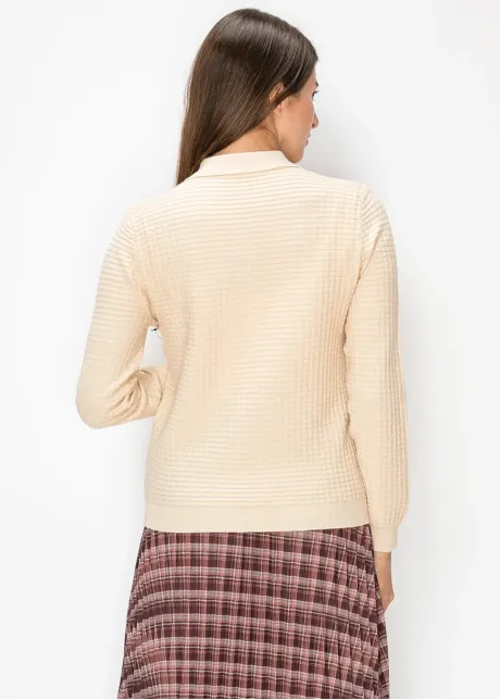 Beige Polo Sweater with Waffle Knit Texture