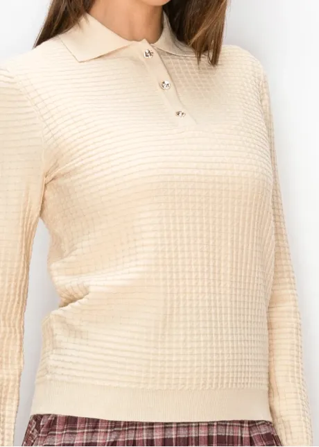 Beige Polo Sweater with Waffle Knit Texture