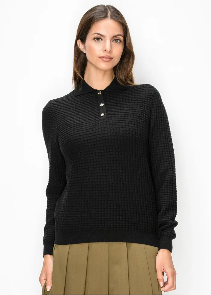 Textured Polo Neck Knit Top