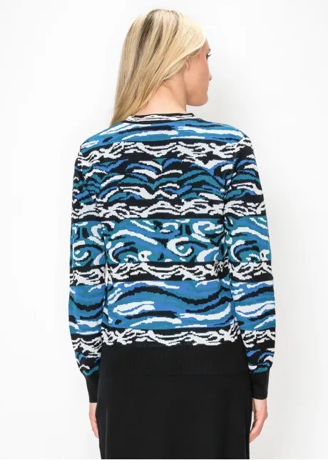 Abstract Wave Print Knit Cardigan in Blue