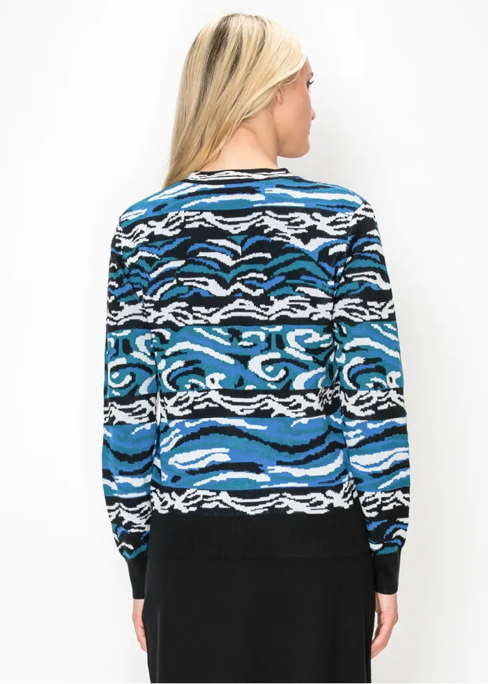 Abstract Wave Print Knit Cardigan in Blue