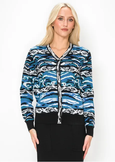 Abstract Wave Print Knit Cardigan in Blue
