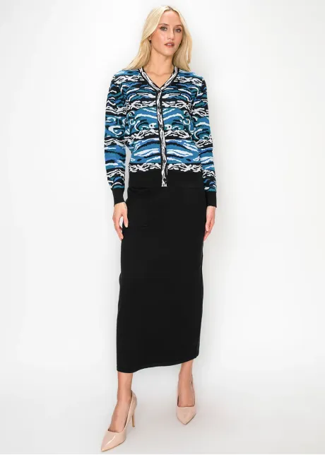 Abstract Wave Print Knit Cardigan in Blue