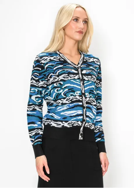 Abstract Wave Print Knit Cardigan in Blue