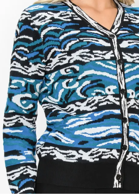 Abstract Wave Print Knit Cardigan in Blue