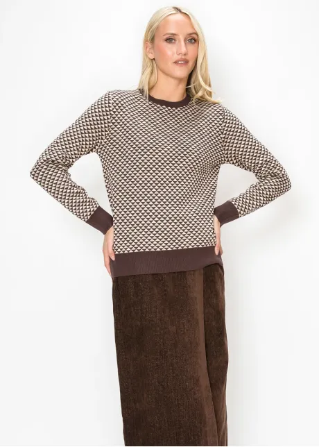 Crew Neck Geometric Sweater in Brown