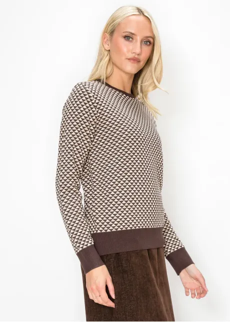 Crew Neck Geometric Sweater in Brown