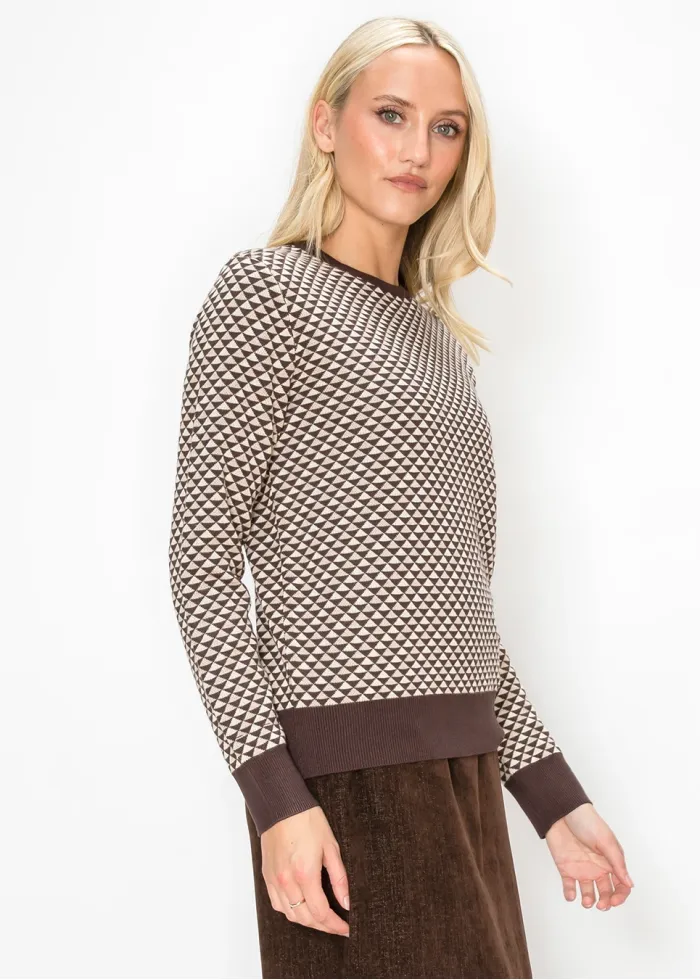 Crew Neck Geometric Sweater in Brown