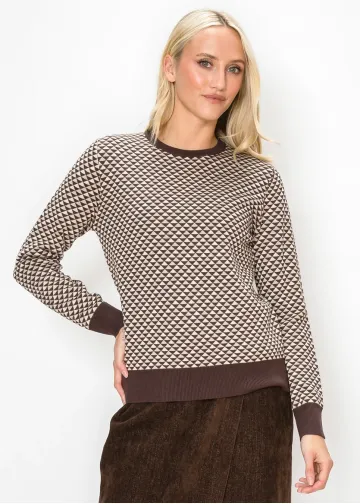 Crew Neck Geometric Sweater in Brown