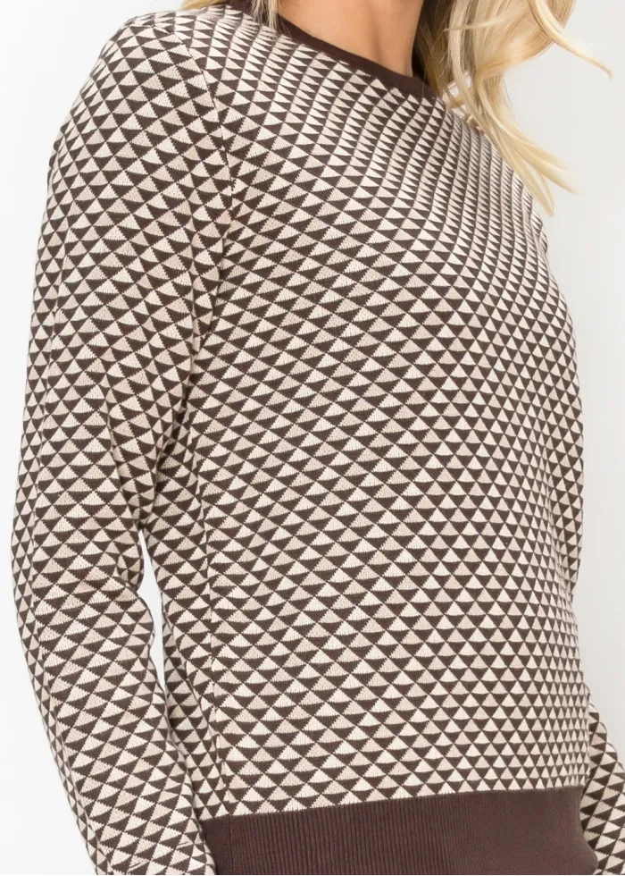 Crew Neck Geometric Sweater in Brown