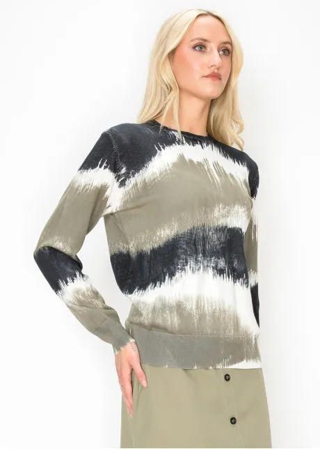 Abstract Brushstroke Print Sweater in Olive