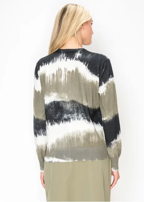 Abstract Brushstroke Print Sweater in Olive