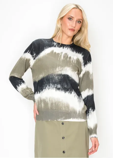 Abstract Brushstroke Print Sweater in Olive
