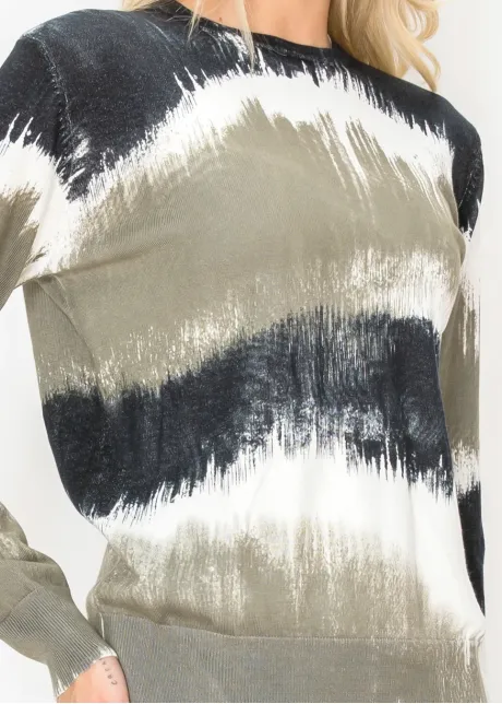 Abstract Brushstroke Print Sweater in Olive