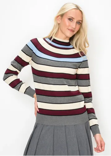 Burgundy Grey Striped Pullover Sweater