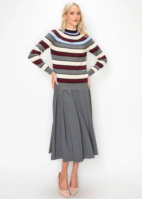 Burgundy Grey Striped Pullover Sweater