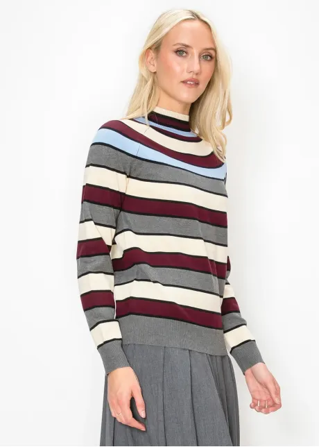 Burgundy Grey Striped Pullover Sweater