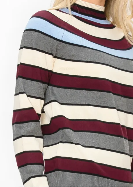 Burgundy Grey Striped Pullover Sweater