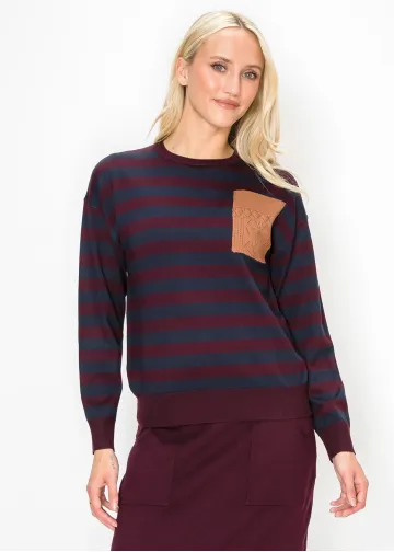 Navy and Wine Stripe Crew Neck Knit