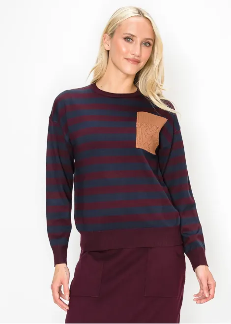 Navy and Wine Stripe Crew Neck Knit