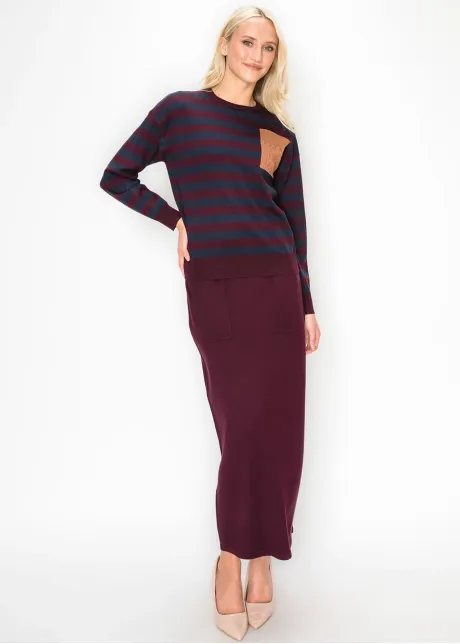 Navy and Wine Stripe Crew Neck Knit