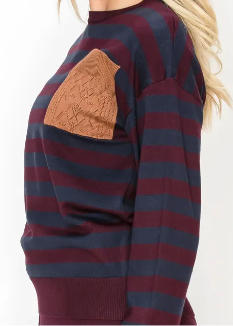 Navy and Wine Stripe Crew Neck Knit