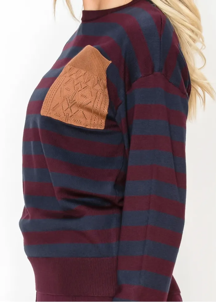 Navy and Wine Stripe Crew Neck Knit