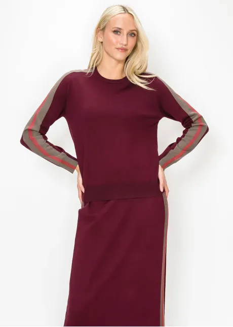 Burgundy Sweater with Side Stripe Sleeves