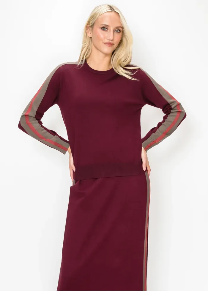 Burgundy Sweater with Side Stripe Sleeves