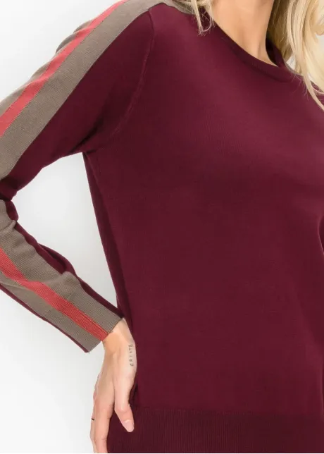 Burgundy Sweater with Side Stripe Sleeves