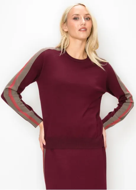 Burgundy Sweater with Side Stripe Sleeves