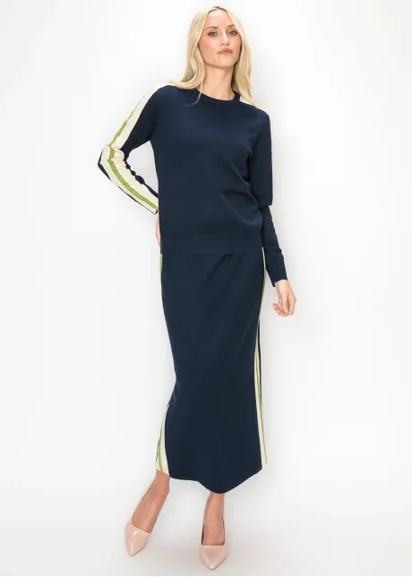 Navy Knit Skirt with Side Stripe