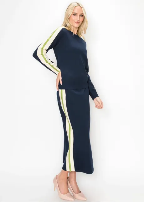 Navy Knit Skirt with Side Stripe