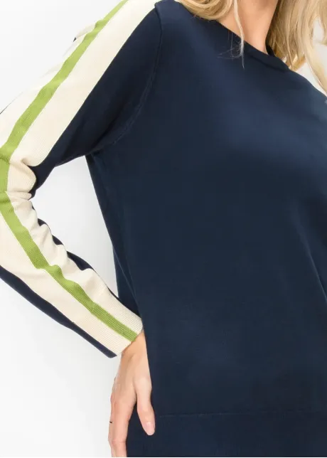Navy Sweater with Side Stripe Sleeves