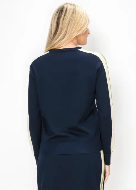 Navy Sweater with Side Stripe Sleeves