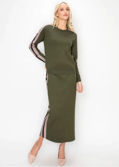 Olive Sweater with Side Stripe Sleeves