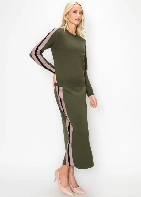 Olive Sweater with Side Stripe Sleeves
