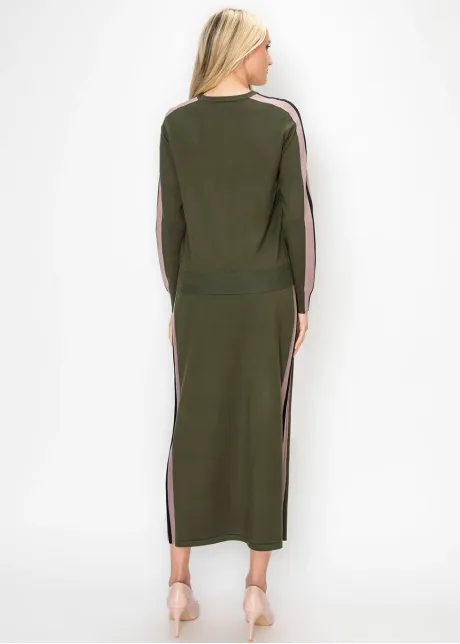 Olive Sweater with Side Stripe Sleeves