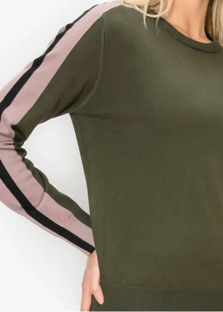 Olive Sweater with Side Stripe Sleeves