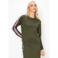 Olive Sweater with Side Stripe Sleeves