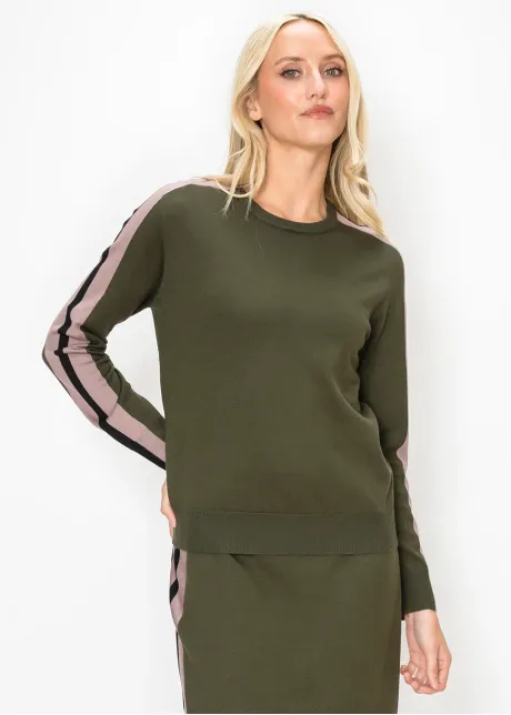 Olive Sweater with Side Stripe Sleeves