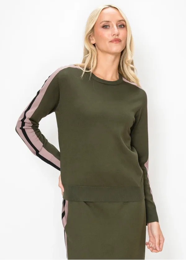 Olive Sweater with Side Stripe Sleeves