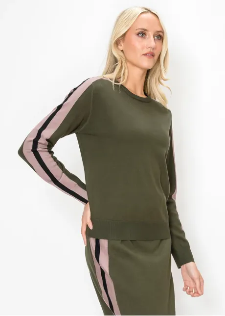 Olive Sweater with Side Stripe Sleeves